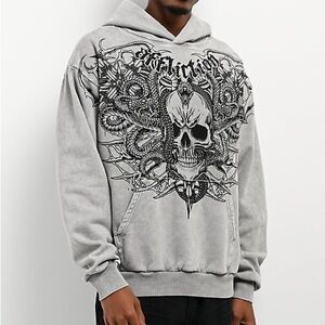 NWT Affliction Mens Large Gray Skull With Snake Graphic Acid Wash Hoodie